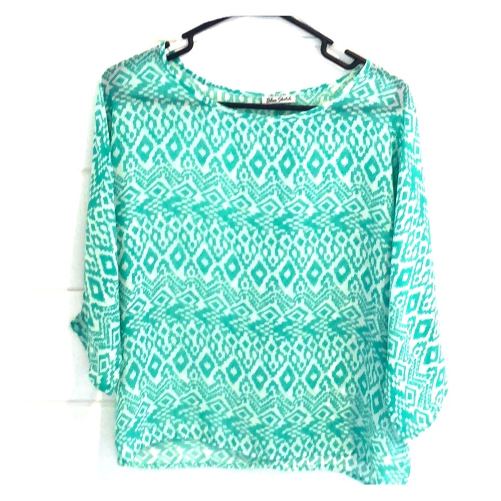 3/$10, 4/$12, 5/$14, 6/$16 🛍 Blue sketch Teal & White 3/4 sleeve shear top M